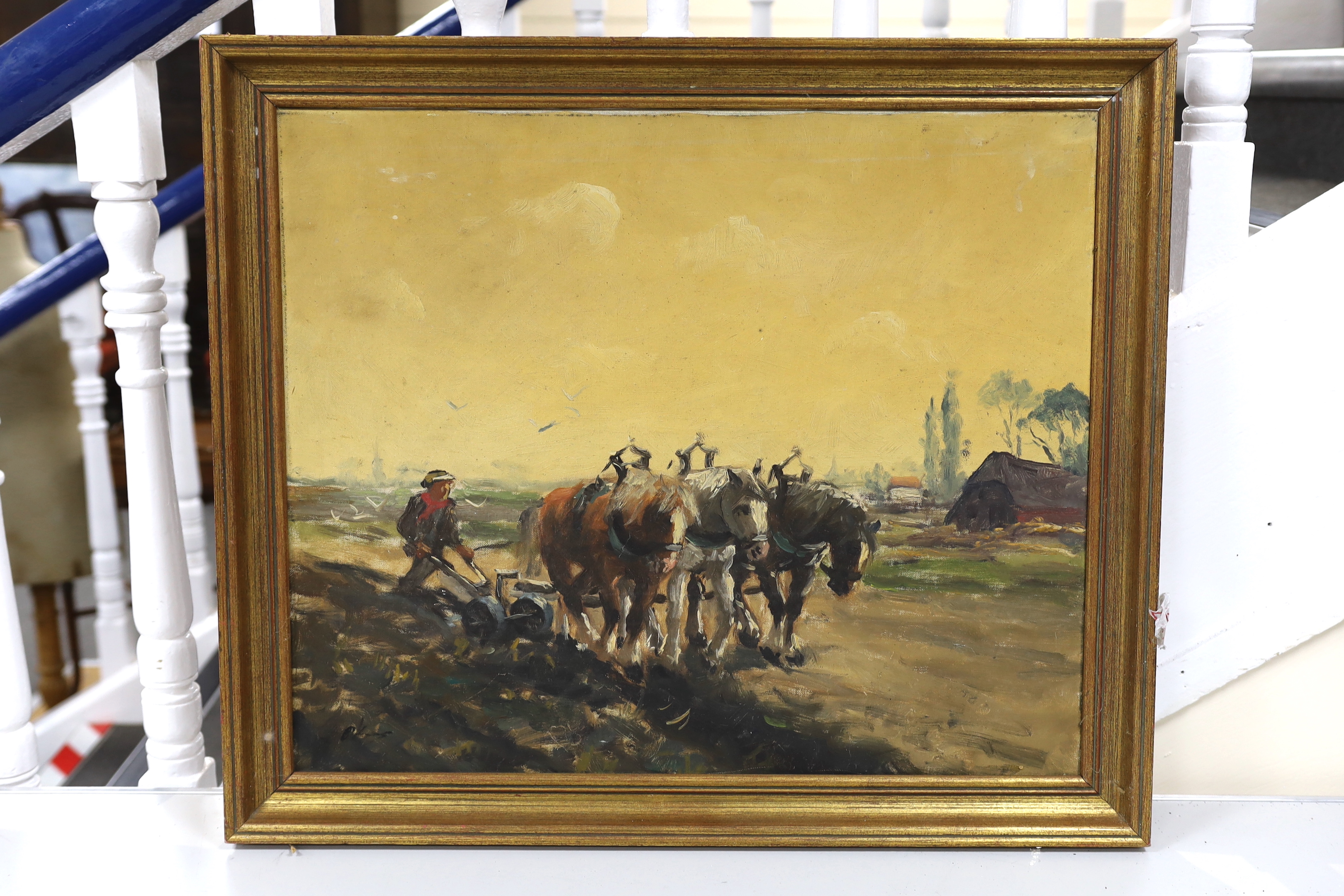Martin Obrecht, oil on canvas, Work horses ploughing, signed, 51 x 60cm